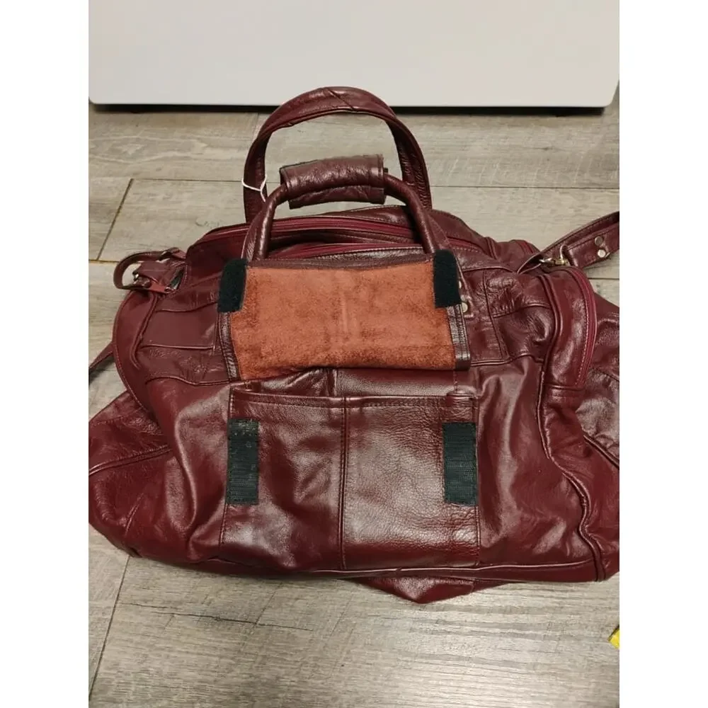 Vtg Carroll Leather Goods Genuine Leather Burgundy Weekender Duffel Travel Bag